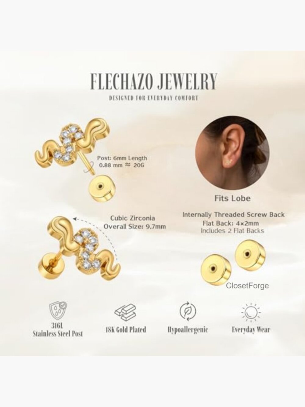 Flat Back Stud Earrings Hypoallergenic Stainless Steel Screw Back View 5